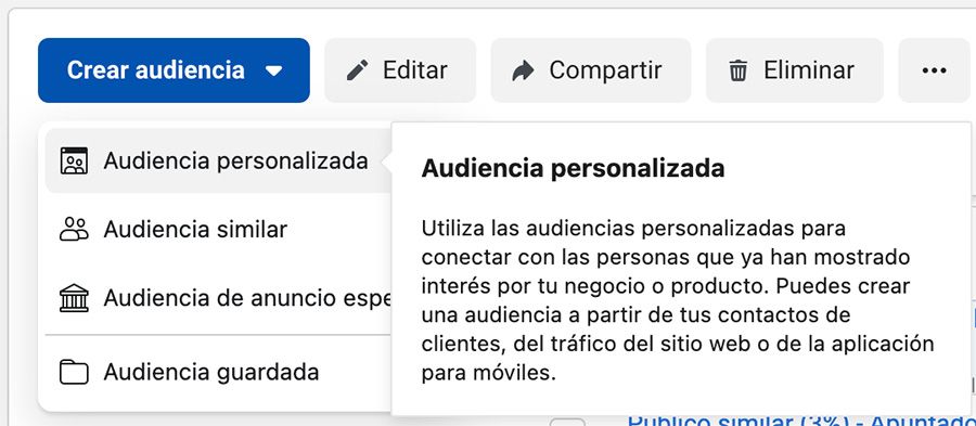 boton crear audiencia personalizada meta ads